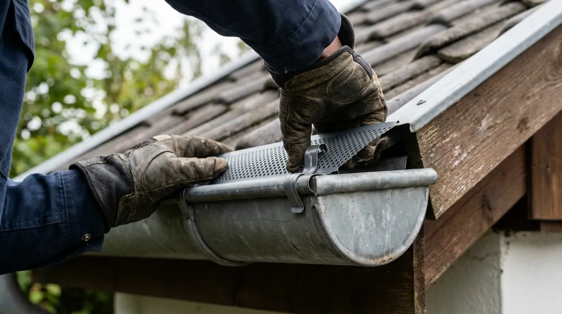 Hände mit Arbeitshandschuhen klipsen ein graues Laubschutzgitter auf den Wulst einer Dachrinne