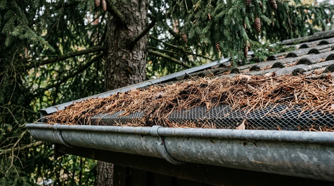 Dachrinne unter einer Fichte, auf dem Laubschutzgitter liegt eine Schicht brauner Nadelstreu