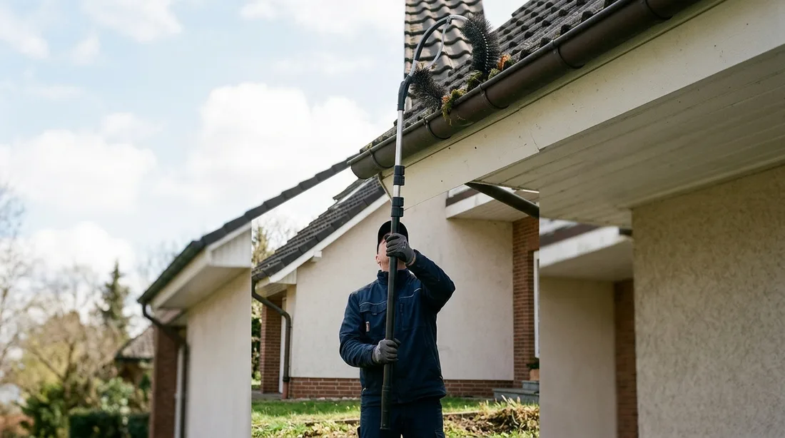 Teleskopstange mit gebogenem Aufsatz, die vom Boden aus in eine Dachrinne am Einfamilienhaus reicht