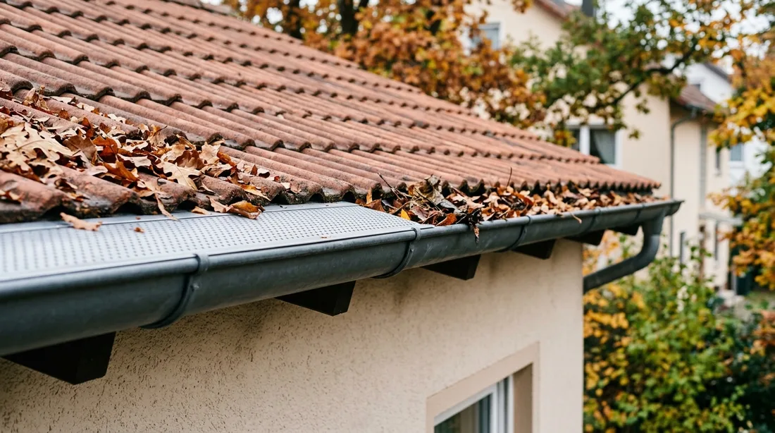 Dachrinne eines Wohnhauses, zur Hälfte mit einem aufliegenden Laubschutzgitter abgedeckt, daneben die offene Rinne mit Laub